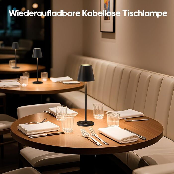 Світлодіодна настільна лампа 3-в-1 бездротова з акумулятором 5500mAh, регульована висота, димування, 3 кольори світла - USB акумуляторна настільна лампа металева водонепроникна сенсорна для дому та вулиці, чорна (набір 2 шт.)