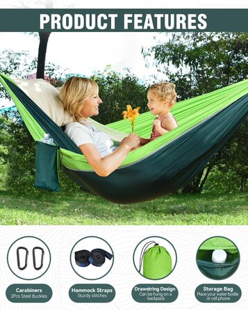 Гамак OTraki для відпочинку на природі 270x140 см: легкий, портативний, нейлон. Ідеально для саду, балкону, кемпінгу та дому.