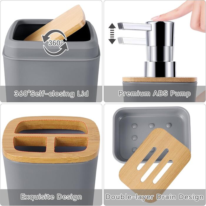 Набір аксесуарів для ванної кімнати, 9 предметів: сміттєвий бак, тримач для зубних щіток, стакан для зубних щіток, диспенсер для мила/лосьйону, полиця для раковини, мильниця, щітка для унітазу, тримач для ватних паличок (сірий, набір для ванної кімнати)