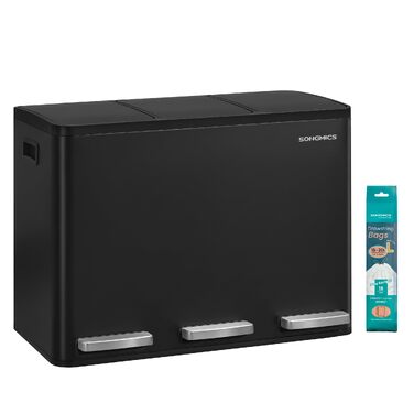 Сміттєвий відер SONGMICS PARY LTB160EZ01 для кухні, 3 відсіки по 15 л, нержавіюча сталь, кришка з Soft-close та педаллю, з 15 пакетами, чорний