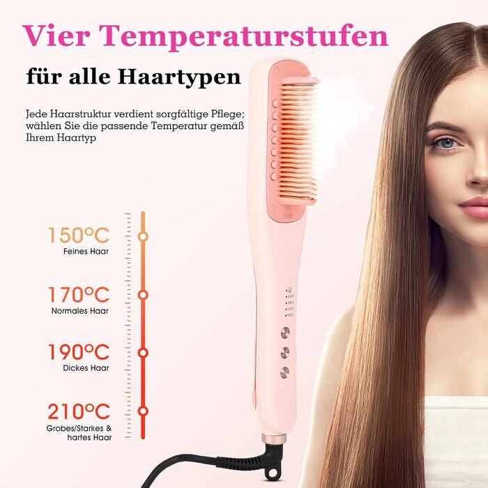 Випрямляч для волосся-щітка Dampf-Haarglätter Bürste 3-Temp. | PTC, швидкий нагрів, для всіх типів волосся (рожевий)