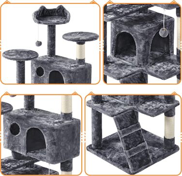 Кігтеточка для котів Yaheetech, велика, 158 см, з 3 платформами, 3 стовпчиками для заточування, 2 будиночками, м'ячиками, сірого кольору