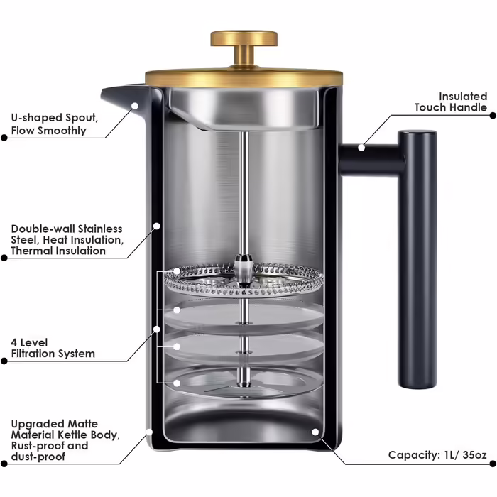 Enfmay French Press Coffee Maker 1L, Stainless Steel Coffee Maker, Portable Coffee Maker with Filter, Double-Walled Insulated French Press, for Travel, Camping, with 100ml Coffee Canister, Black 1000ML Black