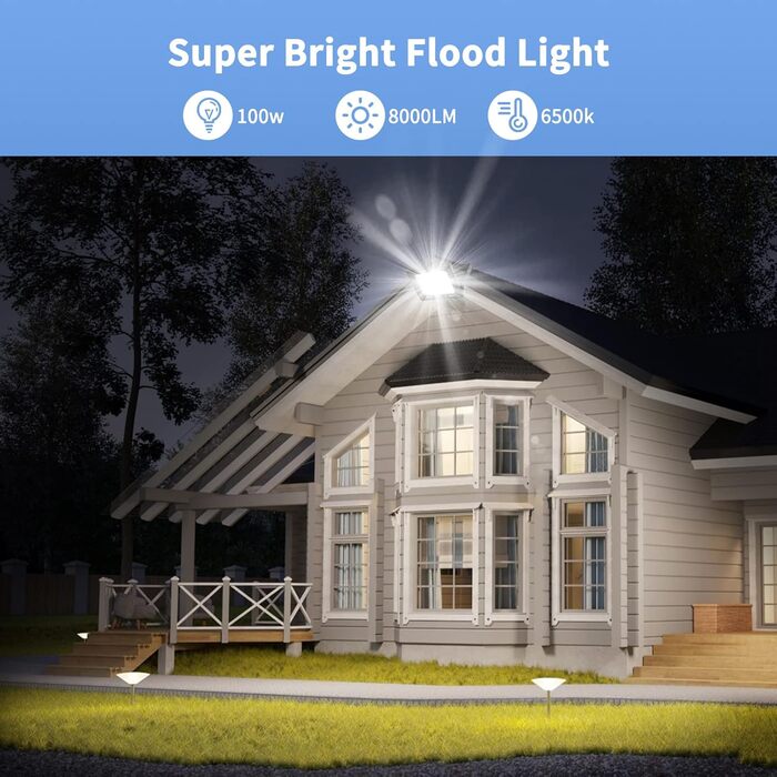Viugreum 2 Pack 100W LED Flood Lights Outdoor 8000LM Outdoor Floodlight IP65 Outdoor Spotlight 5000K Floodlight Cold White Spotlight Floodlight with 50cm Cable for Backyard Driveway Garage Hallway