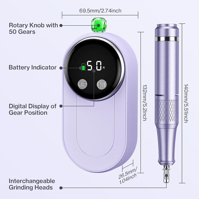 Електричний фрезер для нігтів: манікюрний та педикюрний набір 12 в 1 з LCD-дисплеєм, 50000 об/хв для гелю, акрилу та натуральних нігтів