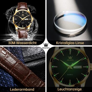 Чоловічий годинник OLEVS з нержавіючої сталі, кварцовий аналоговий годинник, класичний діловий годинник, водонепроникний, з підсвічуванням, з датою, на шкіряному ремінці, чорний циферблат, коричневий ремінь