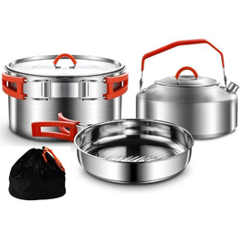 Набір посуду для кемпінгу з нержавіючої сталі 304, 1-2 особи. Посуд для туризму, похідний набір з каструлею, сковородою з антипригарним покриттям та чайником у сітчастій сумці