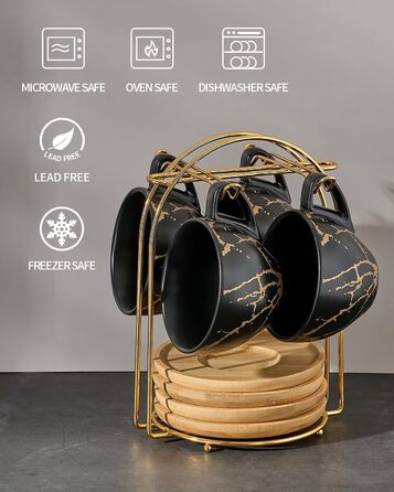 Набір керамічних чашок капучино HOME DECOR 4 шт., 220 мл, з металевим підставкою. Підходять для капучино, лате, американо та чаю. Чорний та білий дизайн