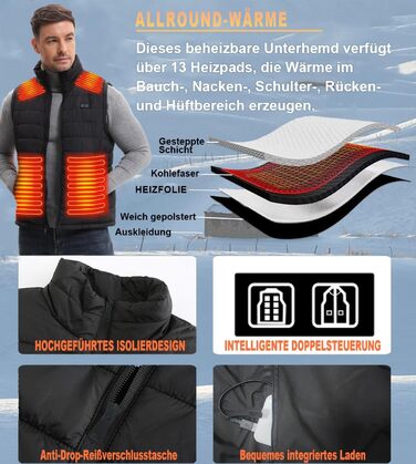 Обогріваючий жилет для чоловіків з акумулятором, 13 зон нагріву, 3 режими температури, чорний, XL