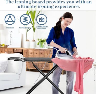 BBTEQEKN Height-Adjustable Deluxe Ironing Board, size 140 x 38 cm, foldable extra-wide ironing board with hook, ironing board made of thick steel suitable for most steam irons (Black)