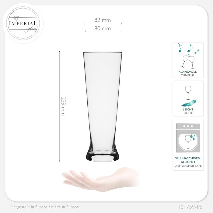 Набір склянок для пива Pilsner Crystalline 6 шт, 500 мл (макс. 680 мл), скло, придатні для мийки в посудомийній машині