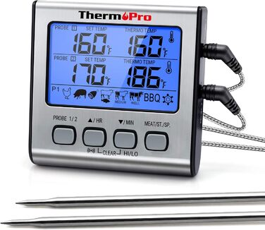ThermoPro TP17 Digital Grill Thermometer, Meat Thermometer, Kitchen Thermometer, with Two Stainless Steel Probes, Blue Backlight, Temperature Range up to 300°C