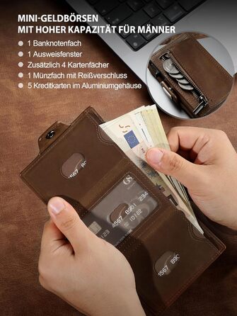 GSG SINCE 1998 Men's Leather Wallet, Slim Wallet with Coin Pocket & RFID Protection Card Holder Portomonee for 9-10 Cards, Slim Wallet for Men Dark Brown