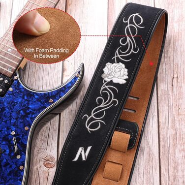 Гітарний ремінь Nefelibata з вишивкою троянд, 2.7', подвійний, з баварської шкіри, з пінополіуретановим наповнювачем, для акустичної, бас та електрогітари