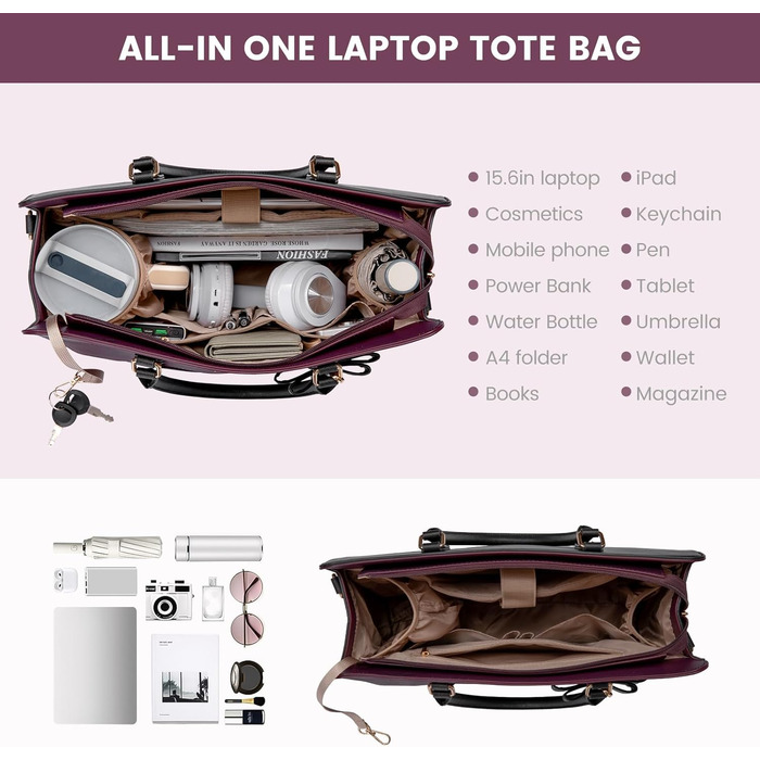 LOVEVOOK Сумка для ноутбука 15.6 дюймів, жіноча, велика, шкіряна, для роботи, навчання, офіційна, універсальна, на плечі, тоут, шкіряна сумка LOVEVOOK Violett-schwarz