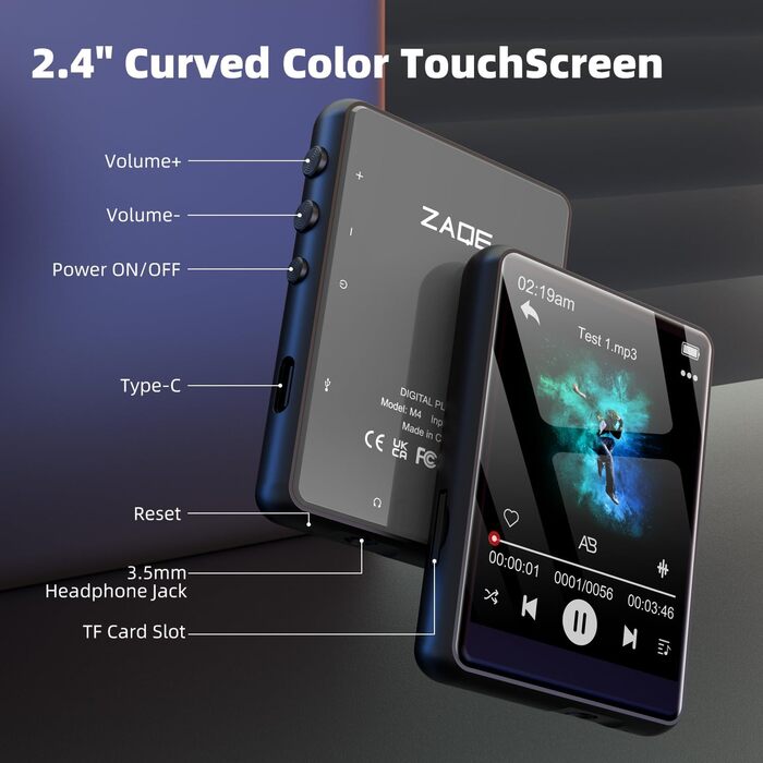 MP3-плеєр 64GB Bluetooth 5.3 з сенсорним екраном 2.4' та динаміком, запис голосу, FM-радіо, Line-in, для дітей, чорний