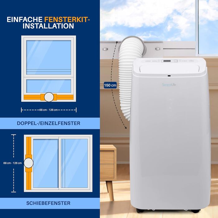 Мобільний кондиціонер SereneLife 9000 BTU (12000 BTU EU) – 3-в-1: кондиціонер, вентилятор, осушувач повітря. Для приміщень до 42 м², білий