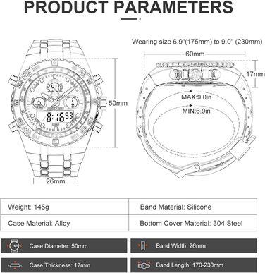 Чоловічий військовий спортивний годинник: цифрові та аналогові функції, водонепроникність, дата, будильник, світіння, секундомір. Великий годинник для чоловіків, сріблястого кольору.