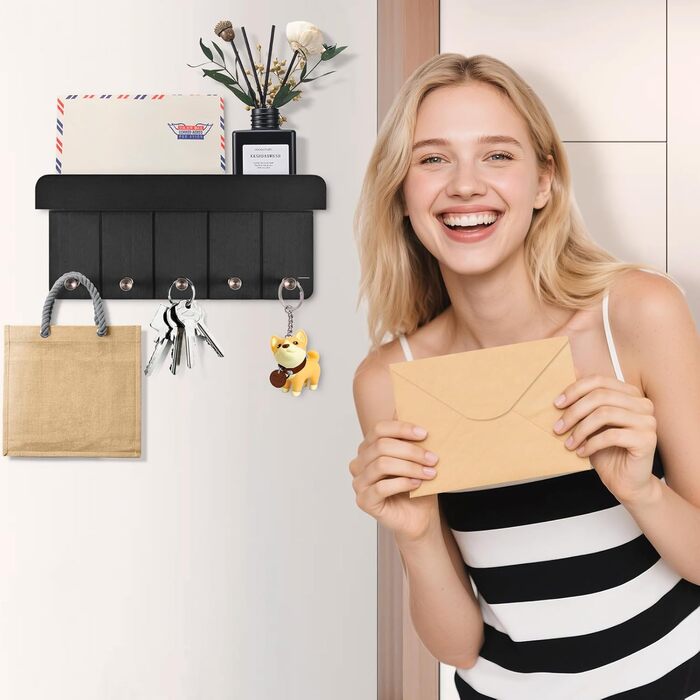 Дерев'яне ключниця з полицею, настінна | 5 гачків | для прихожей, кухні, спальні (чорний)