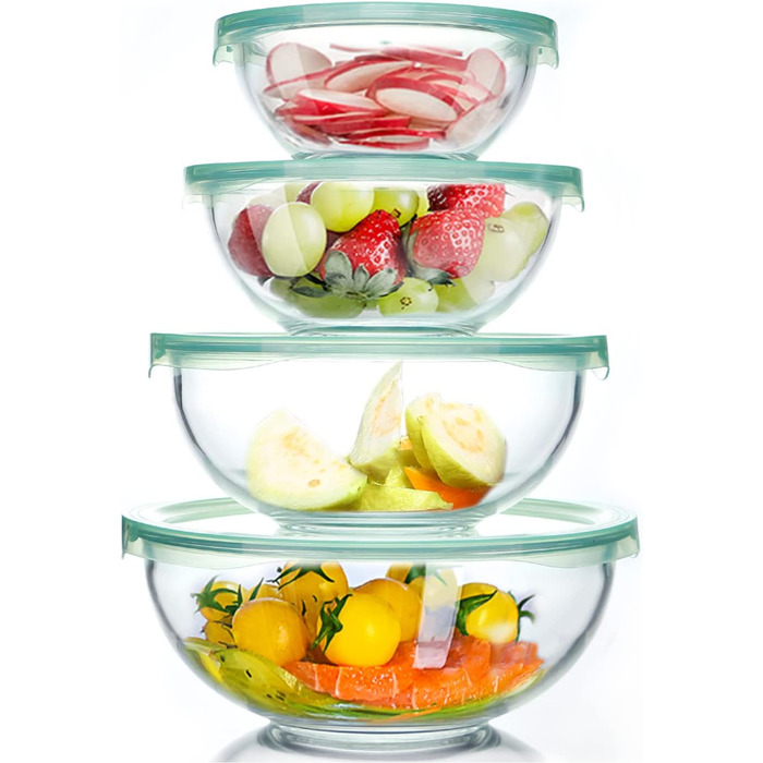 Set of 4 Glass Bowls with Lids (0.95L, 1.5L, 2.4L, 3.5L), Large Round Salad Bowls, Baking Bowls, Microwave and Dishwasher Safe for Mixing, Storing, and Serving