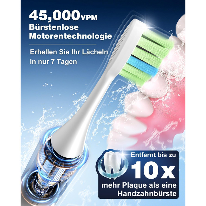 Електрична зубна щітка SonicClean 45000 VPM з 6 насадками, 5 режимів, таймер, індикатор заряду, відбілювання за 1 тиждень, 120 днів роботи від акумулятора