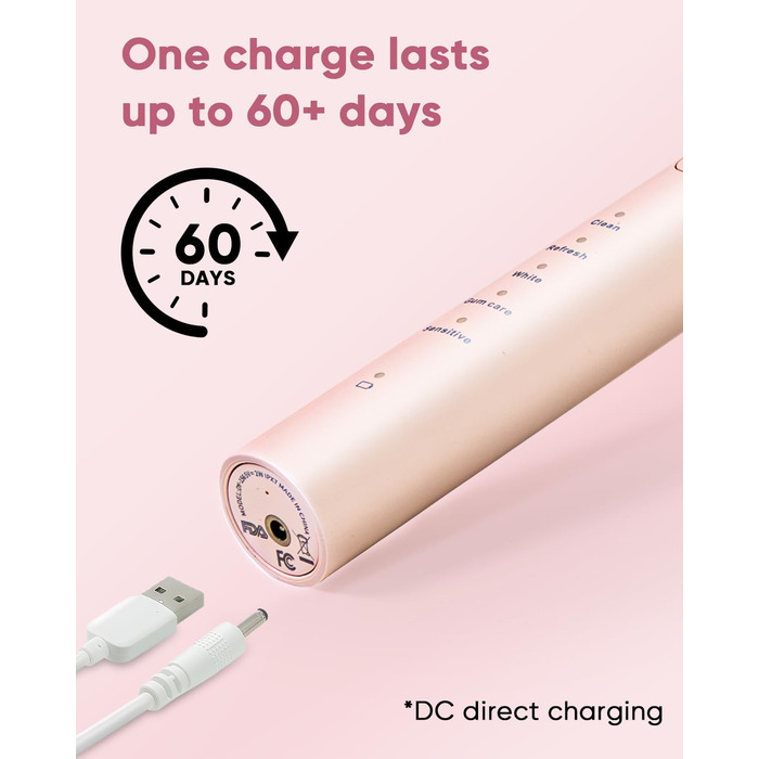 Електрична зубна щітка MySmile DY156 для дорослих: акумуляторна звукова щітка з 3 насадками, таймер 2 хвилини, 5 режимів, 45000 вібрацій на хвилину, 60 днів роботи від однієї зарядки (рожевий)