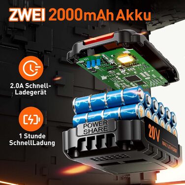 Акумуляторний шуруповерт 20V з набором 2 акумуляторів 2.0Ah, 42Nm, 25+1 ступенів, 10мм патрон, 2 швидкості, LED-підсвічування, 24шт аксесуарів та кейс, для ремонту та DIY