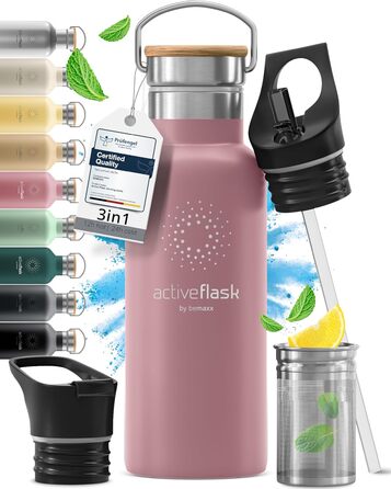 Фляга для води з нержавіючої сталі з трубочкою та інфузером, 3 кришки: BPA-free, не протікає, підходить для газованої води - спортивна фляга, термофляга, ізотермос, 530 мл, рожевий колір бамбук