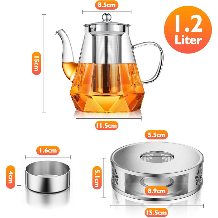 Скляний чайник STNTUS з підігрівачем та ситечком для листового чаю, 1.2 л, нержавіюча сталь