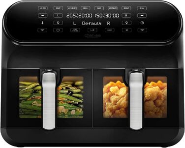 CHEFREE Dual Zone аерофритюрниця з оглядовим вікном, 8 л XL, подвійний Airfryer, LED-сенсорна панель, антипригарне покриття, 8-в-1, розумна, таймер, кошики для посудомийки, чорна, модель AFW20