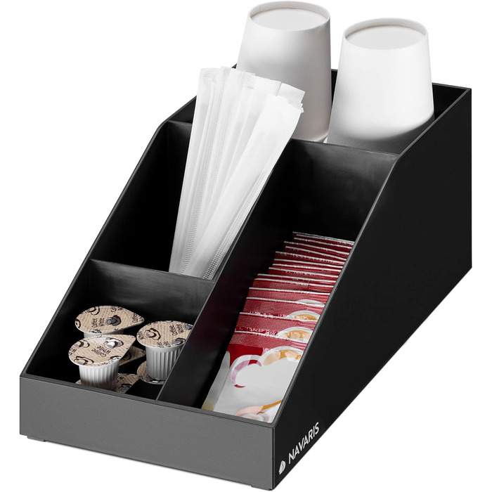 Navaris Coffee Dispenser Organizer - Accessory Storage - Coffee Bar for sugar, milk, napkins, capsules - Coffee Station with 7 Compartments (4 compartments, Black)