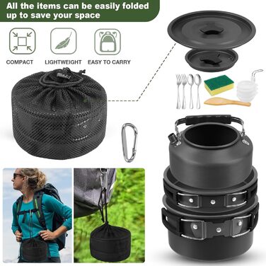 Набір кухонного посуду для кемпінгу: 15 предметів, чорний. Ідеально для пікніків, походів та кемпінгу. Включає казанок, сковорідку, чайник та інше.