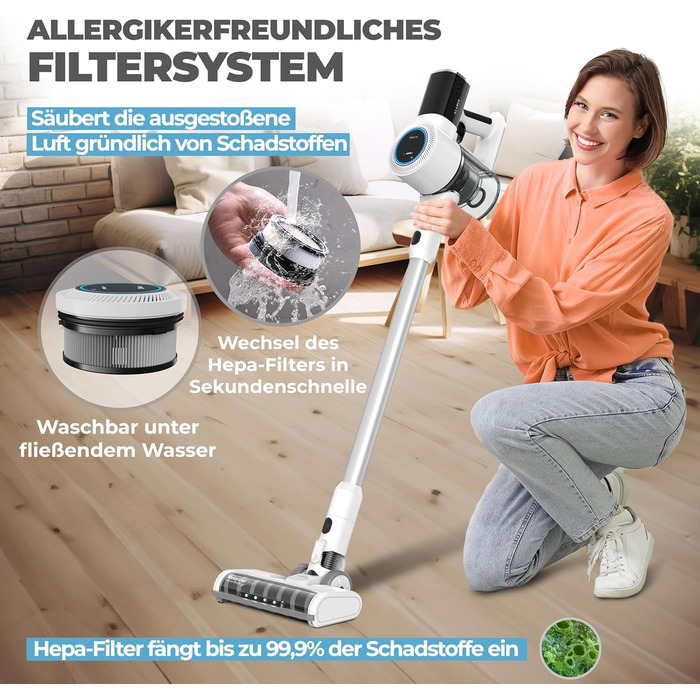 Бездротовий акумуляторний пилосос 2-в-1 Klamer з HEPA-фільтром для дому, авто та килимів. Час роботи до 45 хв. (Білий/Срібний)