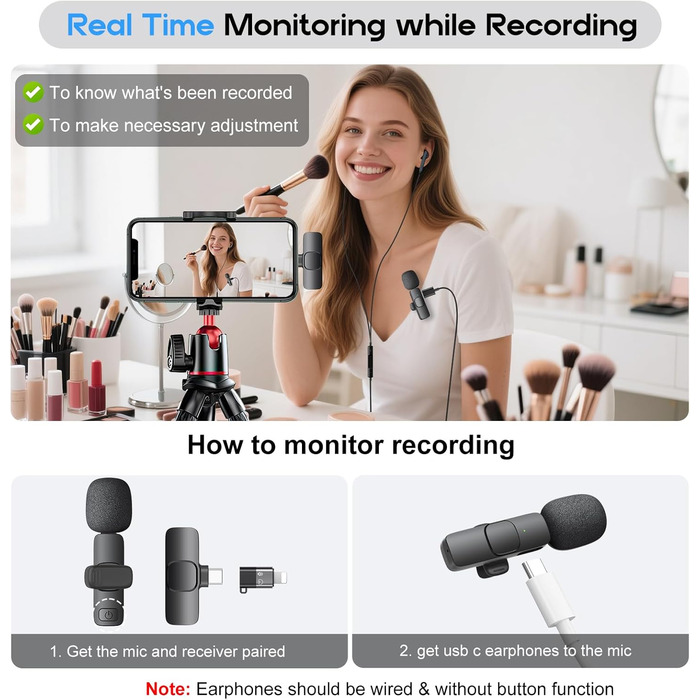 Бездротові кліп-мікрофони для iPhone/Android/комп'ютера/iPad - 2 шт. з шумозаглушенням для відеозйомки, Vlogging, TikTok, YouTube, Plug-and-Play