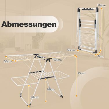 Стійка для сушіння білизни COSTWAY розкладна, сушарка для одягу висувна, регульована по висоті з крилами та полицею для взуття, сушильний стійка-вежа для дому та вулиці (оновлена версія) (з 2 рівнями)