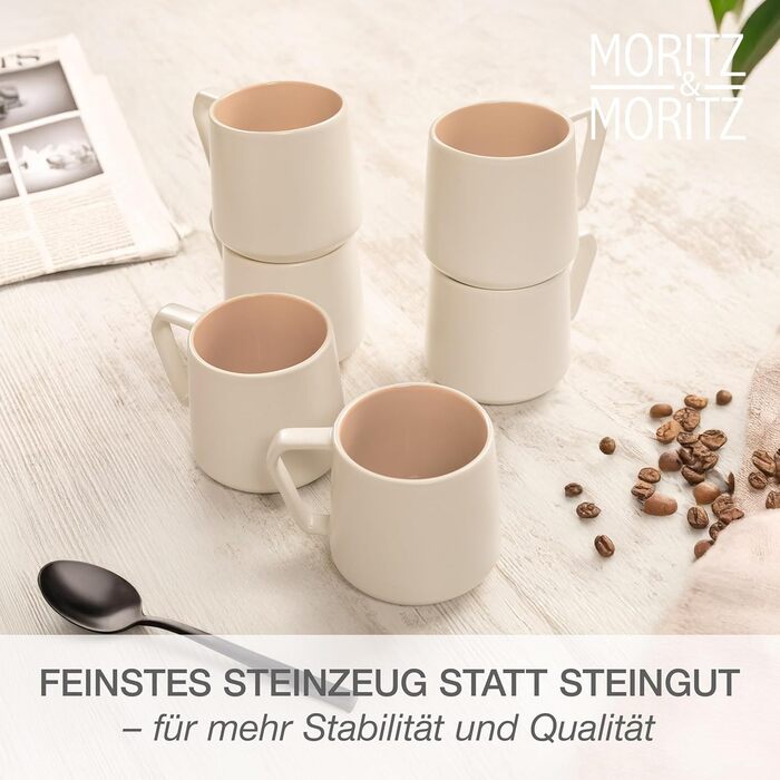 Набір кавових чашок Moritz & Moritz CAVO 6 шт. Almond (500 мл) з якісної кераміки - стильний дизайн з ручкою, для кави, чаю, капучино