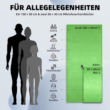 Набір з 3-х рушників з мікрофібри: великий (180х80 см) та 2 маленькі (80х40 см). Швидковисихаючі рушники з мікрофібри для спорту, пляжу, ванни та подорожей (зелені)