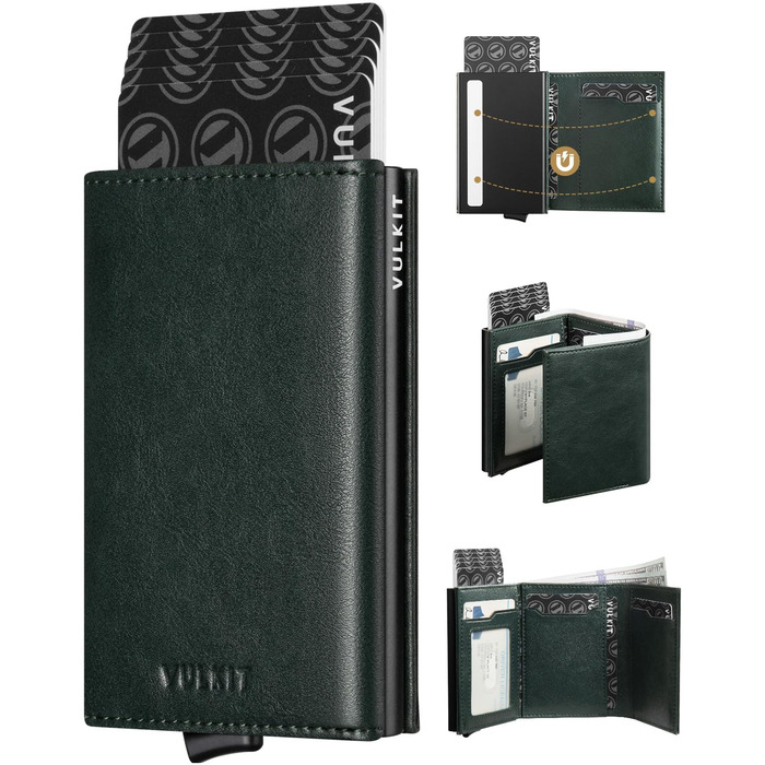 Чоловіче шкіряне картхолдер VULKIT з RFID-захистом, поп-ап, з відділенням для грошей та візитки (зелений)