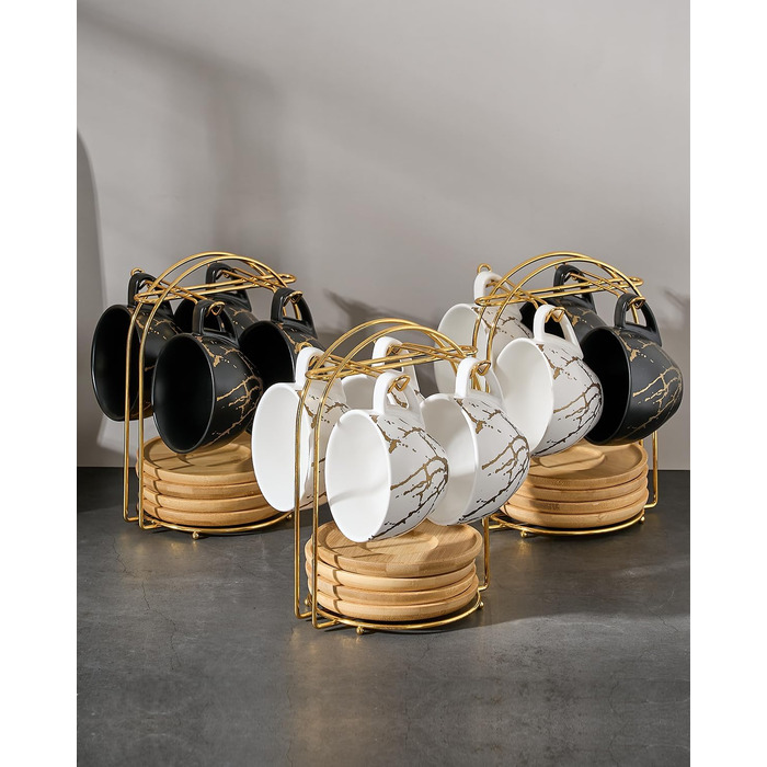 Набір кавових чашок капучіно Home Decor, 4 шт., 220 мл, з металевим підставкою, чорний та білий