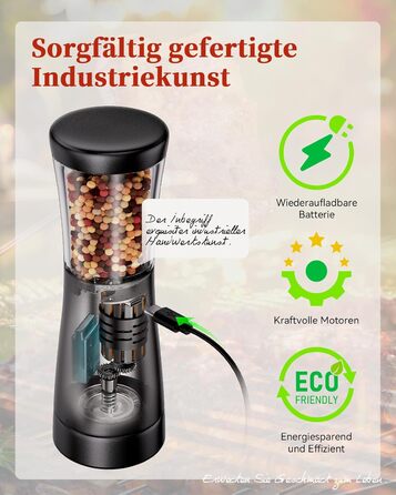 Електричні мельниці для солі та перцю 2 шт. з нержавіючої сталі, акумуляторні, з LED-підсвічуванням, регульоване керамічне подрібнення, щітка для чищення