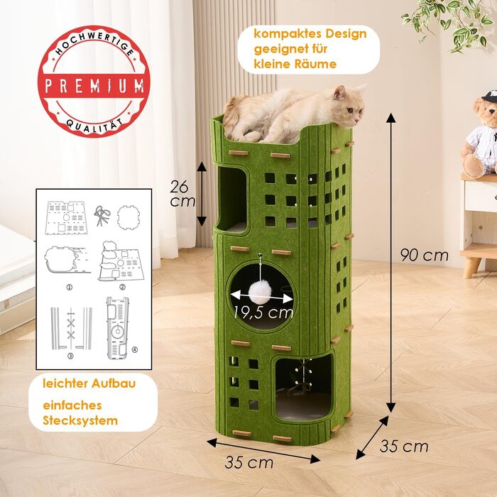 Котяча кігтеточка преміум-класу з 4 ярусами та 3 будиночками, філц, 90 см, зелена