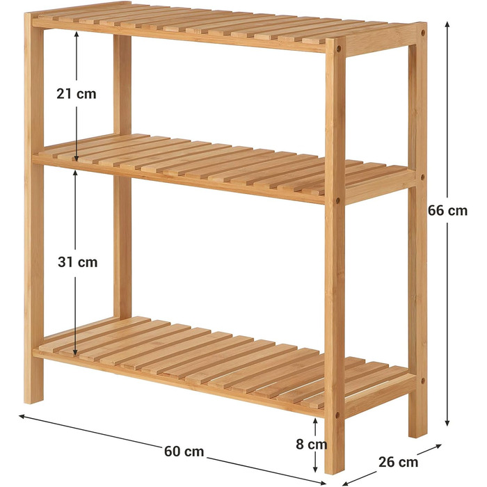 SONGMICS 3-Tier Shelves Bathroom Shelf, Bathroom Rack, Kitchen Shelf, Shoe Shelf, Bamboo Stand Shelf, 60 x 26 x 66 cm ideal for Bathroom, Living Room, Hallway, Kitchen, Balcony BCB33Y