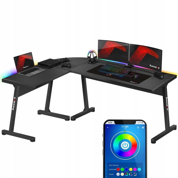 Ігровий кутовий стіл Huzaro Hero 6.0, чорний, RGB LED, регульовані ніжки