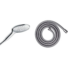 Hansgrohe Raindance Select S - Showerhead, Hand Shower with 3 Spray Patterns, Shower Head, Showerhead with Anti-Limescale Function, White/Chrome, 26530400 (Chrome, 3 Spray Patterns with Water-Saving Function, Bundle with Shower Hose)