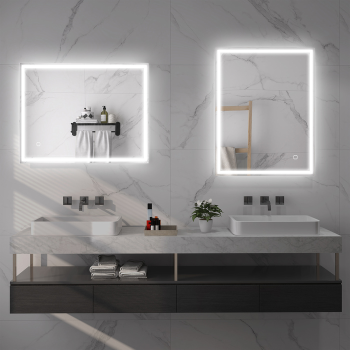 Дзеркало для ванної кімнати HOMCOM з підсвіткою 90x70 см, LED, настінне з функцією пам'яті, 3 кольори світла, запобігає запотіванню, сенсорне управління, срібний