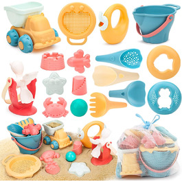 Sanlebi 17-Piece Beach Sand Toy Set with Water Wheel, Beach Buggy, Bucket, Mesh Bag, Sand Molds, Soft Plastic Toy Beach for Kids Boys Girls