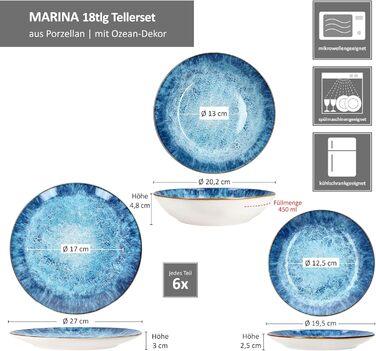 Набір посуду MamboCat Marina 18 предметів: блакитний порцеляновий сервіз для 6 осіб з морським дизайном, декор 