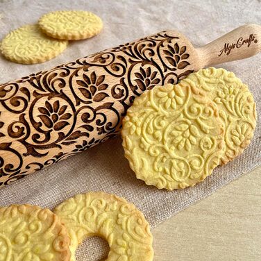 KLETTERBLUMEN Rolling Pin. Rolling pin with flowers for homemade pastries and ceramics. Engraved rolling pin with pattern for DIY kitchen, dough & cookies by Algis Crafts