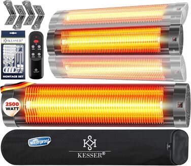 Інфрачервовий обігрівач KESSER® 2500W з пультом керування, 3 режими, миттєвий нагрів, кріплення на стіну, для тераси, кварцовий, з захисним чохлом, таймер, антрацит