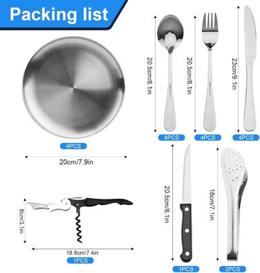 Набір посуду для кемпінгу на 4 особи, 20 предметів: ложки, виделки, ножі, тарілки, кліпси, відкривачка. Набір столових приборів з нержавіючої сталі для пікніків та відпочинку на природі